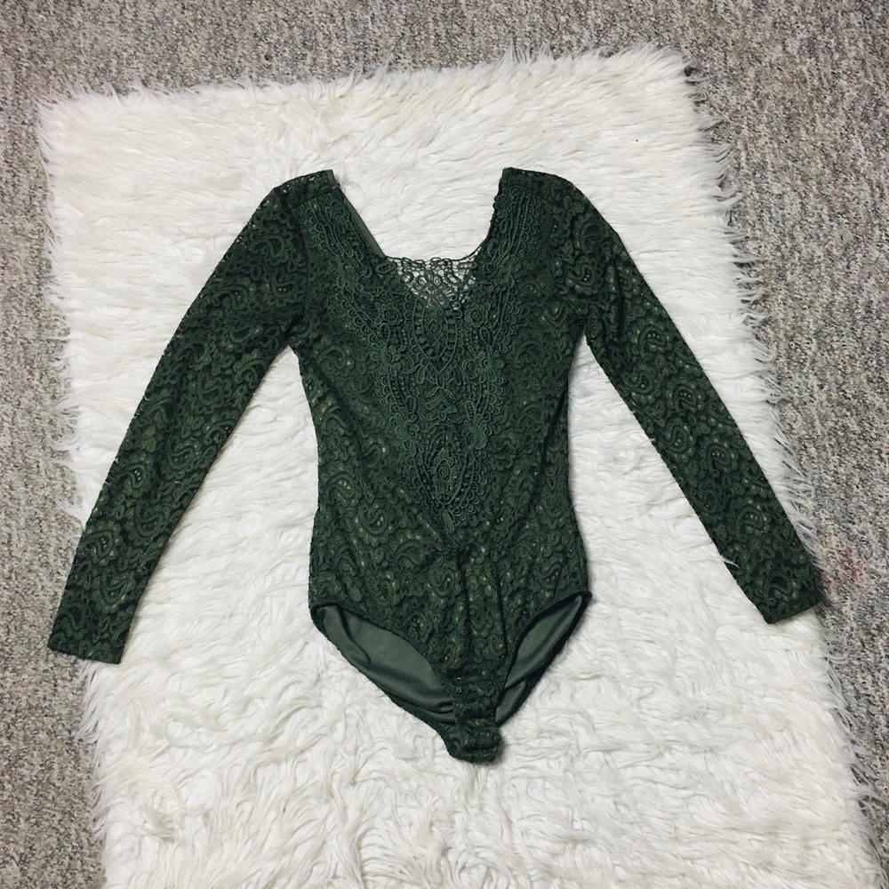 Charlotte Russe Bodysuit Lace Olive Green Floral Long Sleeve Size Small